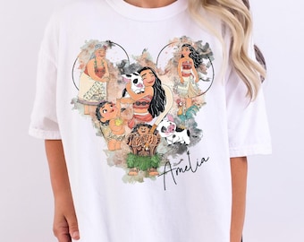 Koszulka z akwarelową księżniczką Moaną, koszulka Maui Pua Hei Hei, spersonalizowana koszulka z postacią księżniczki Moany, bluza z głową Moany, rodzinna koszulka z Disneylandu