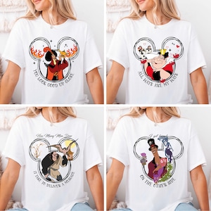 The image is a collage of four images featuring a woman wearing a white t-shirt with various Disney character designs and text.