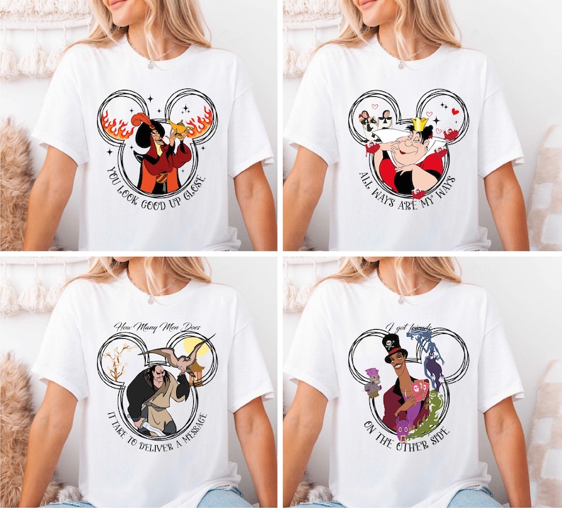 The image is a collage of four images featuring a woman wearing a white t-shirt with various Disney character designs and text.