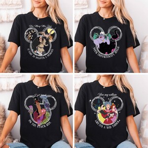 The image is a collage of four images featuring a woman wearing a black t-shirt with various Disney character designs and text.