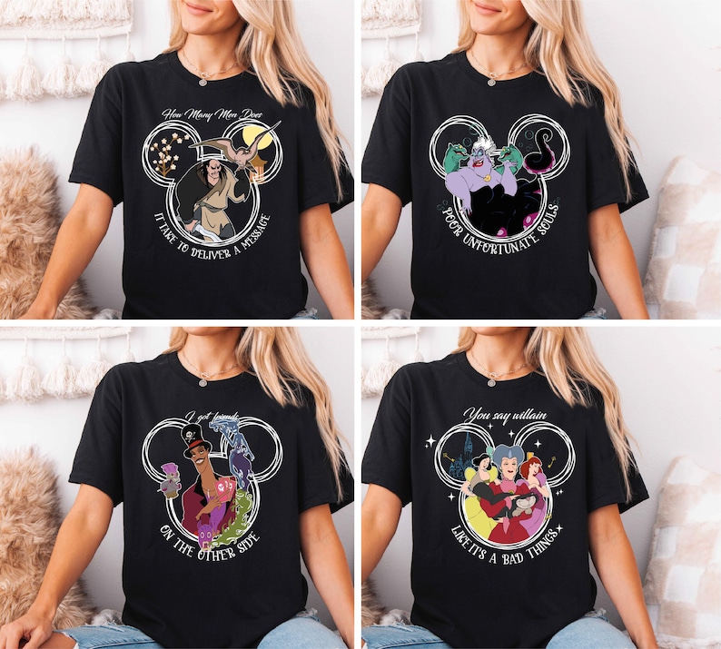 The image is a collage of four images featuring a woman wearing a black t-shirt with various Disney character designs and text.