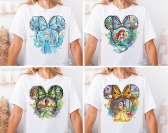 Camiseta de princesas Disney en acuarela, camiseta de Cenicienta, Blancanieves, Bella y Jazmín, camiseta de viaje para niñas a Disneyworld, camisetas de vacaciones en el Reino Mágico