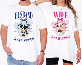 Koszulka Myszka Miki i Minnie „Ślub 2025”, Koszulka „Żona i mąż” Disneya, Koszulka „Młody miesiąc miodowy Disneyland”, Koszulka dla pary WDW, Koszulka „Pan i Pani”