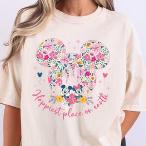 Mickey And Minnie Happiest Place In The Earth Shirt, Disney Floral Castle Sweat Disneyland Vacation Hoodie, Vintage Magic Kingdom T-Shirt