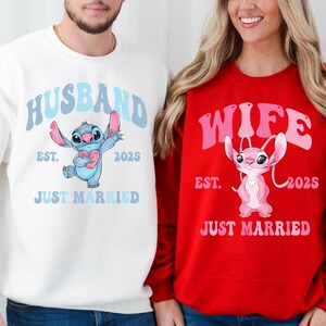 Disney Angel & Stitch Valentine's Day Shirt, Disney Custom Just Married Valentine Shirt, Disneyland Honeymoon Matching 2025 Sweatshirt