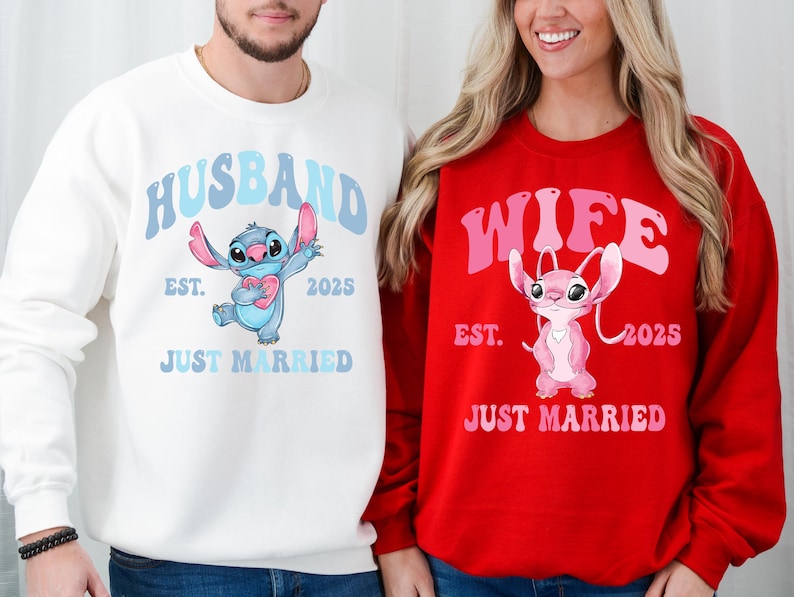 Disney Angel & Stitch Valentine's Day Shirt, Disney Custom Just Married Valentine Shirt, Disneyland Honeymoon Matching 2025 Sweatshirt