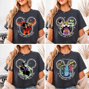 The image is a collage of four images featuring a woman wearing a gray t-shirt with Disney character designs.