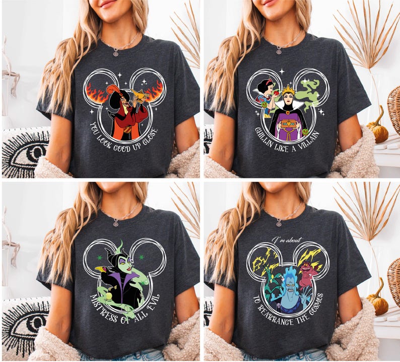 The image is a collage of four images featuring a woman wearing a gray t-shirt with Disney character designs.
