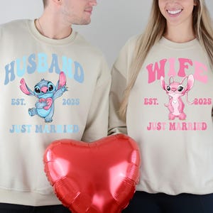 Disney Angel & Stitch Valentine's Day Shirt, Disney Custom Just Married Valentine Shirt, Disneyland Honeymoon Matching 2025 Sweatshirt