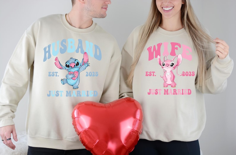 Disney Angel & Stitch Valentine's Day Shirt, Disney Custom Just Married Valentine Shirt, Disneyland Honeymoon Matching 2025 Sweatshirt