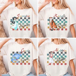 Retro Princess Jasmine Shirt, Prince Aladdin Checkered Shirt, Disney Characters Matching Shirt, Disney Family Trip Tee, Disneyland Vacation
