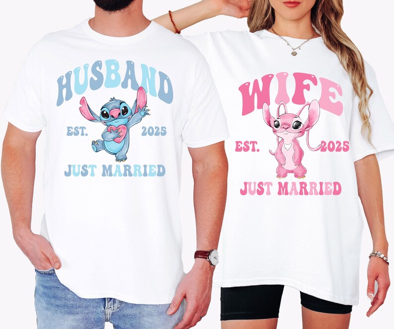 a man and a woman wearing matching shirts