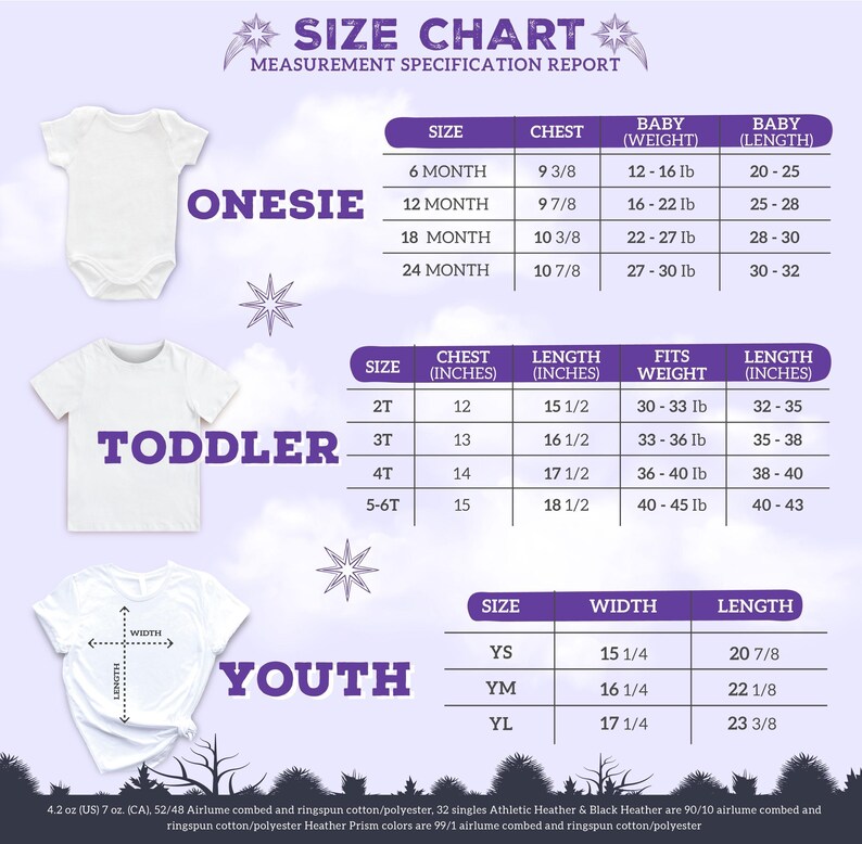 May include: A size chart for baby, toddler, and youth apparel featuring white clothing illustrations. The chart lists chest, weight, and length measurements in inches and pounds for sizes 6 months to 24 months, 2T to 5-6T, and youth sizes YS to YL.