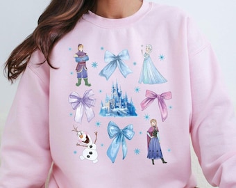 Coquette Princess Elsa And Anna Sweatshirt, Watercolor Disney Frozen Olaf and Kristoff Sweat, Magical Castle Hoodie, Disney Coquette Sweat