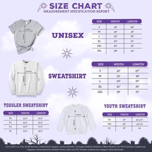 The image is a size chart for different types of sweatshirts, including a unisex sweatshirt, a toddler sweatshirt, and a youth sweatshirt. The chart provides measurements for each type of sweatshirt, such as size, width, and length, to help customers find the right size for their needs.