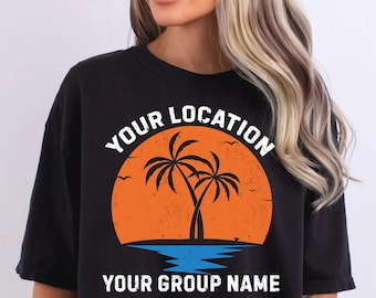 Custom Location Summer Vacation Shirt, Tropical Group Trip T-Shirt, Sunset Palm Tree Tee, Family Beach Trip Shirt, Holiday Shirt