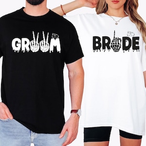 Bride and Groom Skeleton Hand Shirt, Gothic Bride and Groom Matching Shirt, Funny Honeymoon Tee, Goth Wedding Shirts, Bride To Be Shirt
