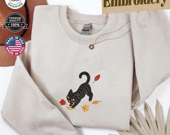 Black Cat Autumn Leaves Sweatshirt, Embroidered Cat Lover Hoodie, Handmade Embroidered Gift, Cozy Fall Sweatshirt, Birthday Gift for Her