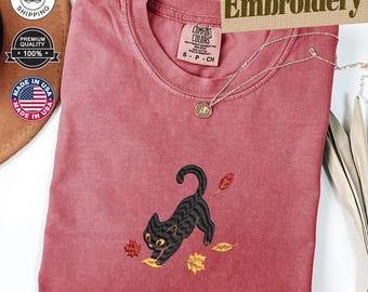 Black Cat Autumn Leaves Comfort Colors® Tee, Embroidered Cat Lover Shirt, Handmade Fall Embroidery Gift, Cute Autumn T-Shirt, Gift for Her