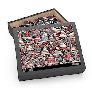 Festive Nordic Night Jigsaw Puzzle 120, 252, 500, Piece: Swedish Village Folk Art, Snowy Christmas Village Scene, Whimsical Wooden House