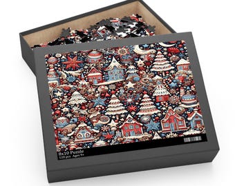 May include: A 120-piece jigsaw puzzle featuring a colourful Christmas scene with houses, trees, stars, and candy canes. The puzzle box is black with the text "8x10 Puzzle 120 pcs Ages 9+".