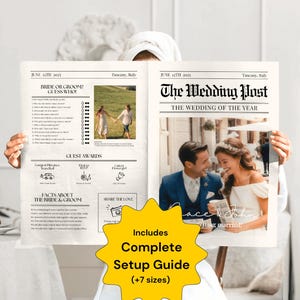 May include: A printable wedding newspaper template with a black and white design. The template features a photo of a couple, a bride and groom quiz, guest awards, and facts about the bride and groom. The text "The Wedding Post" is printed in a large font at the top of the template.