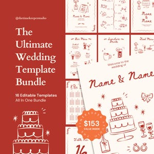 Complete Wedding Templates Bundle, Hand-Drawn Wedding Signage, Whimsical Invitation Set Unique Modern Weddings Stationery, Canva Editable
