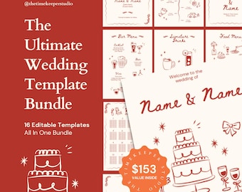 Complete Wedding Templates Bundle, Hand-Drawn Wedding Signage, Whimsical Invitation Set Unique Modern Weddings Stationery, Canva Editable