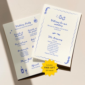 Handgetekende bruiloft programmasjabloon grillige boho ceremonie kaart aanpasbare volgorde van service bewerkbare geïllustreerde huwelijksceremonie programma