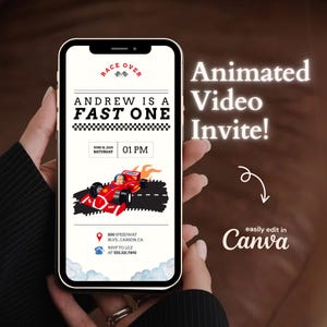 fast one verjaardagsuitnodiging met foto, verjaardagsuitnodiging formule raceauto, geanimeerde racevideo-evitekaart, canvaontwerp eerste jarige