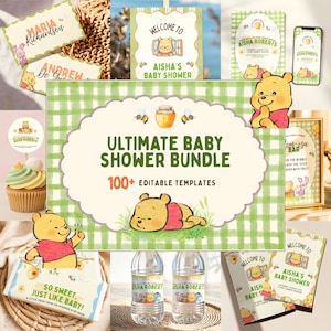Paquete para baby shower con decoración de Winnie the Pooh y sus amigos, letreros para fiesta de madera de 100 acres, invitación al oso Pooh, rifa de pañales de Eeyore, juegos para baby shower