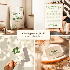Hochzeitsschild-Bundle-Vorlage, grünes, handgezeichnetes Willkommensschild, Sitzplan, Tischnummern, Tischkarten, Hochzeitsempfänge Canva