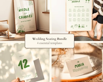 Wedding Sign Bundle Template, Green Quirky Hand-Drawn Welcome Sign, Seating Chart, Table Numbers, Place Cards, Wedding Reception Canva