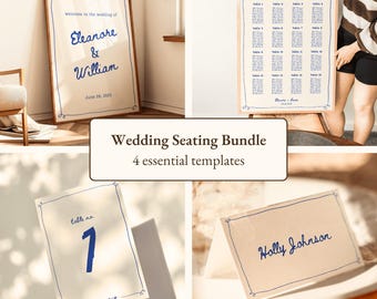 Elegant Wedding Bundle Template Editable Hand-Drawn Welcome Sign Seating Chart Table Numbers Place Cards Custom Whimsical Wedding Sign Canva