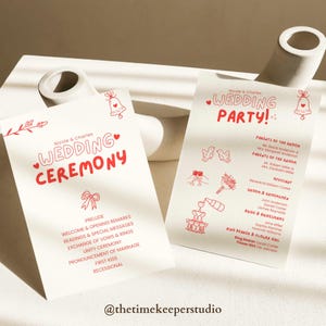 Canva sjabloon bruiloft programma eigenzinnig handgetekende ontwerp rode ceremonie programmakaart afdrukbare doodle bruiloft bord bewerkbaar voor moderne evenementen