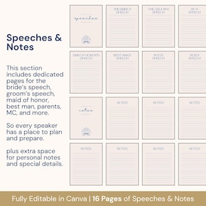 Displayed is a 110+ page wedding planning template, fully editable in Canva, designed for couples or planners managing every wedding detail. Sections include a timeline, checklist, decor guide, guest contact sheet, reception layouts, speeches, and music planning. This comprehensive planner is perfect for staying organized, keeping track of essential tasks, and ensuring a stress-free, beautifully managed wedding celebration.