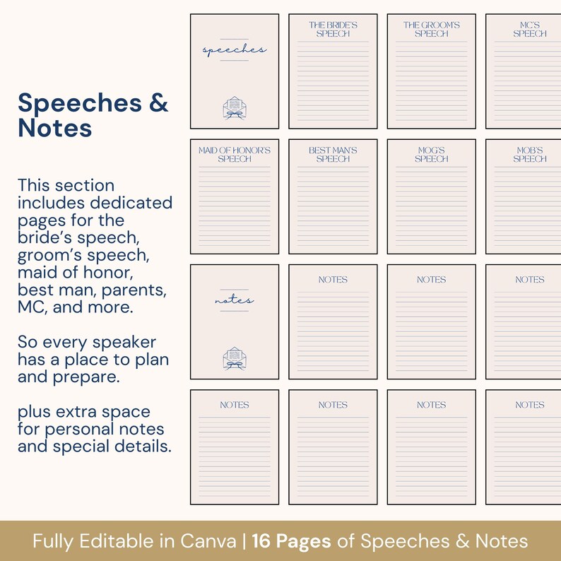 Displayed is a 110+ page wedding planning template, fully editable in Canva, designed for couples or planners managing every wedding detail. Sections include a timeline, checklist, decor guide, guest contact sheet, reception layouts, speeches, and music planning. This comprehensive planner is perfect for staying organized, keeping track of essential tasks, and ensuring a stress-free, beautifully managed wedding celebration.