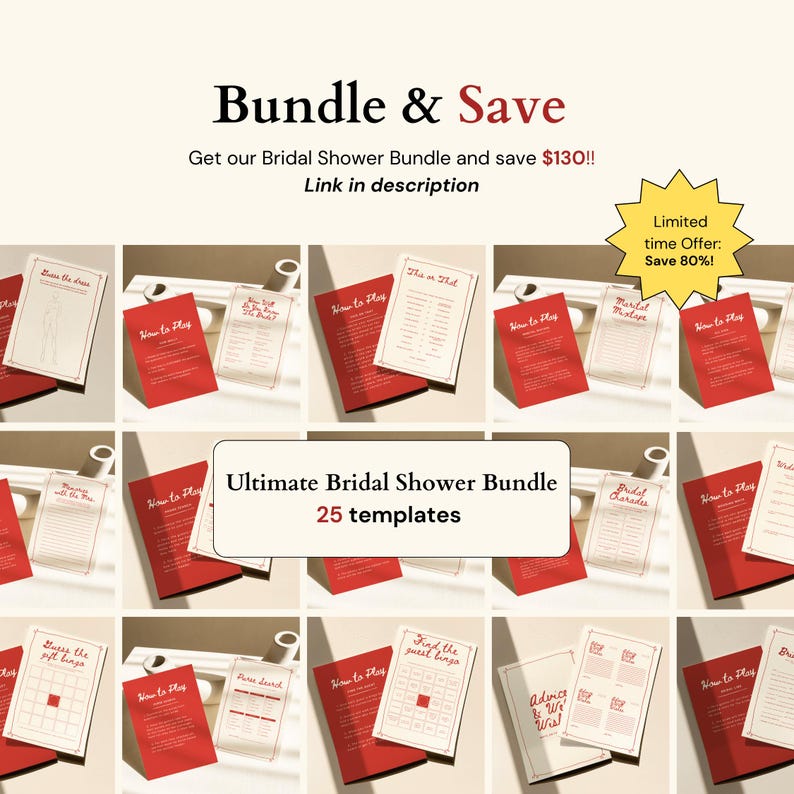 Puede incluir: Un surtido de plantillas de juegos para la despedida de soltera. La imagen presenta tarjetas rojas y blancas con t&iacute;tulos de juegos como "How to Play" y "Guess the Gift Bingo". El texto dice "Bundle & Save" y "Ultimate Bridal Shower Bundle 25 plantillas."