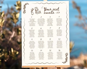 Wedding Seating Chart Template Hand-Drawn Whimsical Unique Seating Arrangement Editable Seating Chart Wedding Signage for Reception Canva