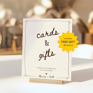 Letrero de tarjetas y regalos para mesa de regalos de boda, diseño caprichoso, manuscrito editable, letrero de boda vintage, plantilla de Canva para imprimir y dibujar a mano