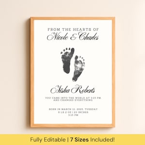 Póster de anuncio de nacimiento con huella de bebé, minimalista, personalizado, recuerdo para recién nacido, arte de pared para guardería, regalo único para baby shower para nuevas mamás