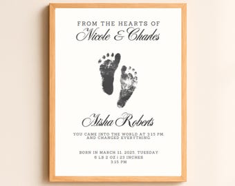baby footprint birth announcement poster minimalist personalized newborn keepsake nursery wall art unique babyshower gift for new moms