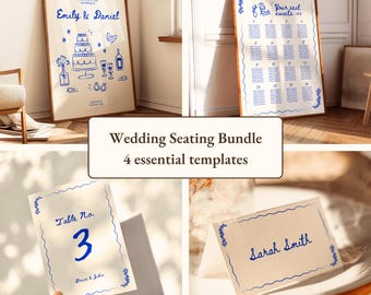 Wedding Bundle Template Editable Vintage Hand-Drawn Welcome Sign Seating Chart Table Numbers Place Cards Whimsical Wedding Reception Canva