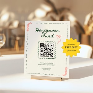 Honeymoon Fund Editable Wedding Signage with QR Code Cash Gift Template Cute Modern Whimsical Wedding Decor Printable Minimal Canva Design