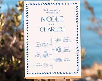Modello di ordine degli eventi per matrimonio, cartello con cronologia vintage moderno disegnato a mano, cartello con cronologia personalizzata per matrimonio, cartello con pianificazione di eventi divertenti, stampabile su Canva