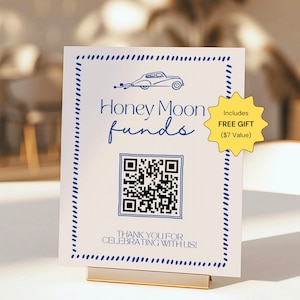 Honeymoon Fund Sign QR Code Editable Wedding Template Cash Gift Wedding Gift Modern Vintage Hand-Drawn Wedding Sign Printable Canva Design