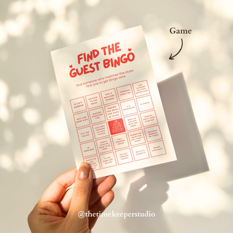 This printable wedding shower game features a bold, modern design and interactive prompts to get guests talking. The editable Canva template includes both the bingo card and a clear instruction sheet. Whether used at a bridal shower, bachelorette party, or engagement event, this game is designed to create connection and laughter while offering a fun keepsake for the bride-to-be.