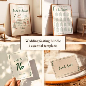 Hochzeitsvorlage Bundle bearbeitbar Vintage handgezeichnete Willkommensschild Sitzplan Tischnummern Platzkarten Skurrile Hochzeitsfeier Canva