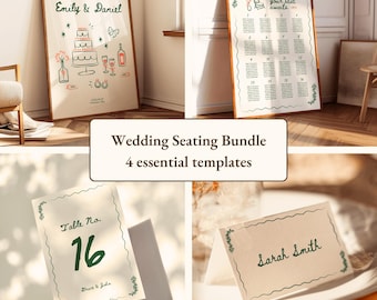 Wedding Template Bundle Editable Vintage Hand-Drawn Welcome Sign Seating Chart Table Numbers Place Cards Whimsical Wedding Reception Canva