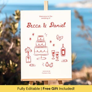 Whimsical Wedding Welcome Sign Hand-Drawn Illustration Wedding Ceremony Sign Template  for Modern Reception Vintage Digital Signage Canva